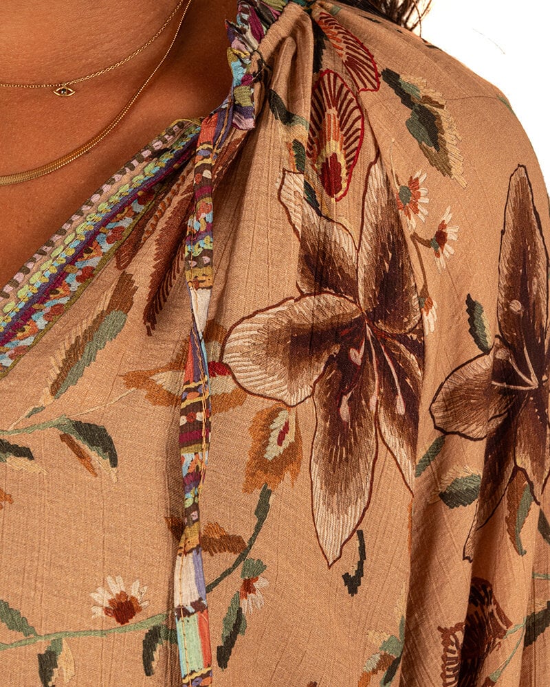 Camel bloemenprint blouse van El-Vita