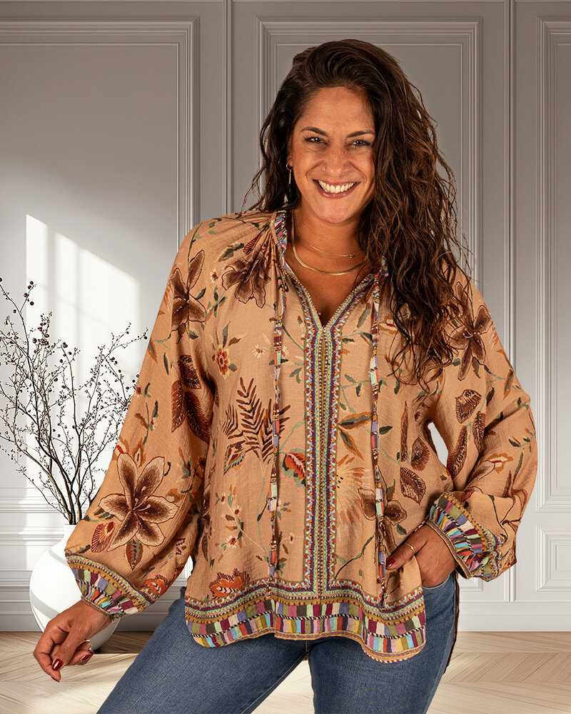 Camel bloemenprint blouse van El-Vita