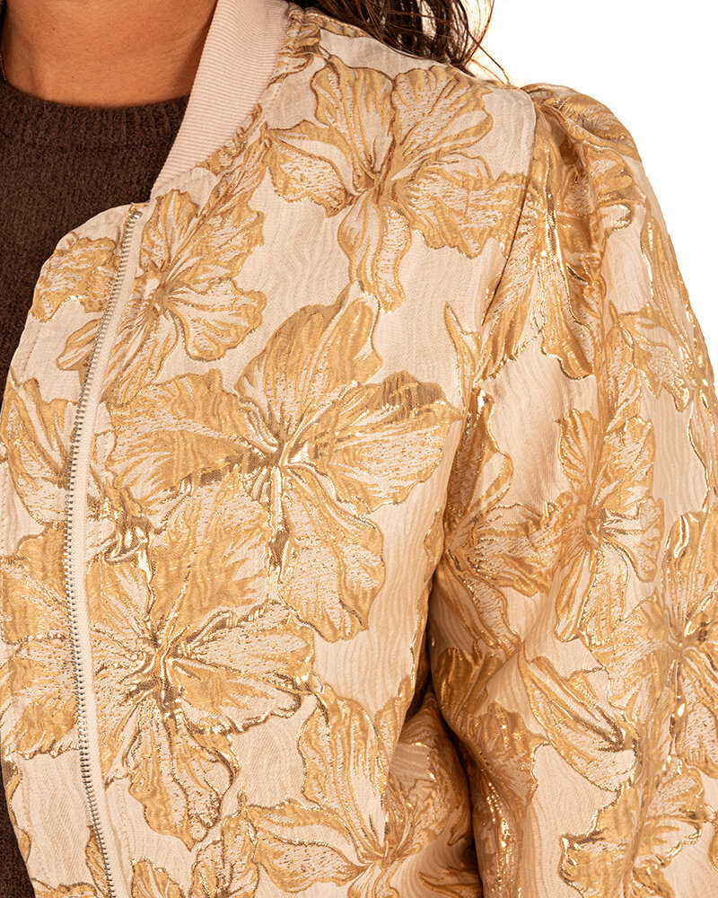 Beige/goud bloemen bomberjack van Lucy H.