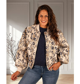 Beige/blauw/goud bloemen bomberjack