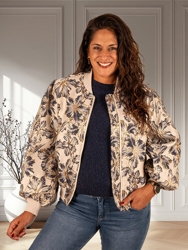 Beige/blauw/goud bloemen bomberjack