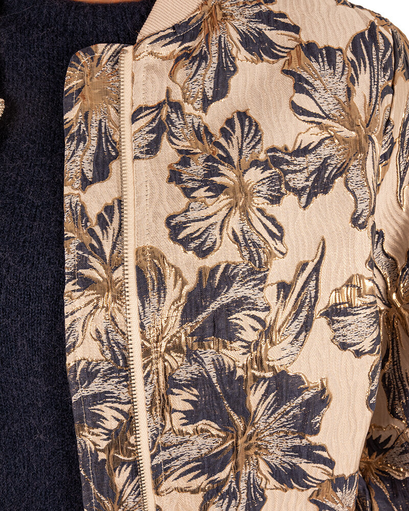 Beige/blauw/goud bloemen bomberjack van Lucy H.