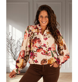 Vera Jo Beige blouse met bordeaux bloemen