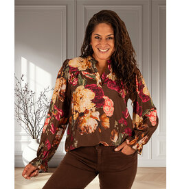 Vera Jo Bruine blouse met bordeaux bloemen