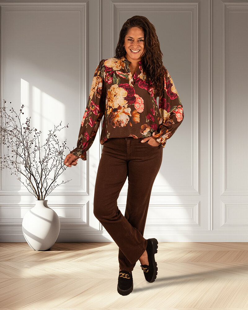 Bruine blouse met bordeaux bloemen Vera Jo