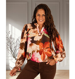 Vera Jo Bruine blouse met beige bloemen