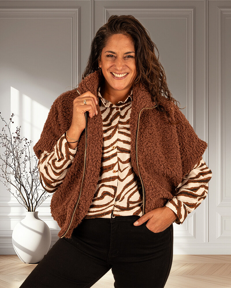 Ecru/bruin zebraprint blouse van Emma Ella