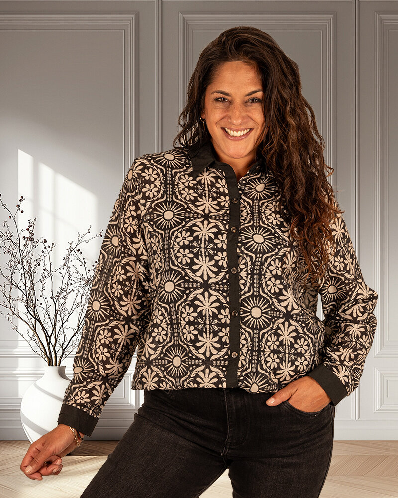 Zwart/ecru print blouse van Vicbee