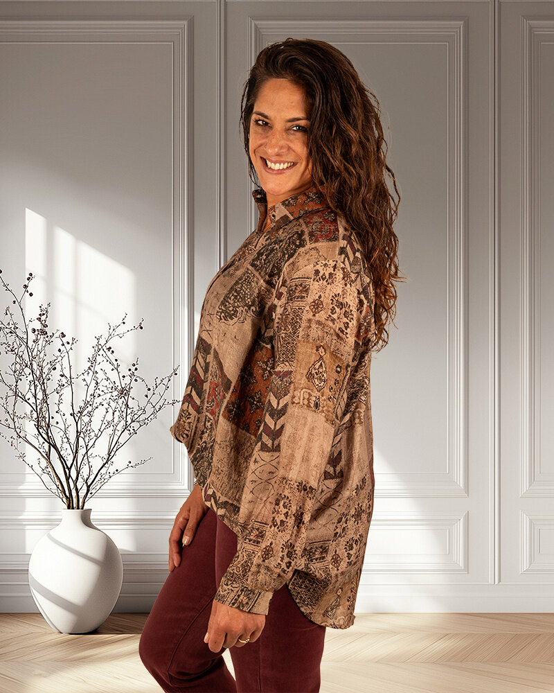 Beige/bruin print blouse van Vicbee