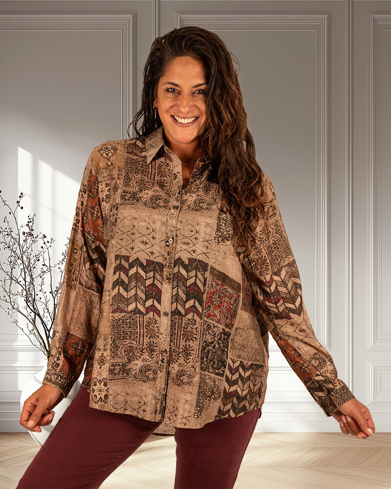 Beige/bruin print blouse van Vicbee