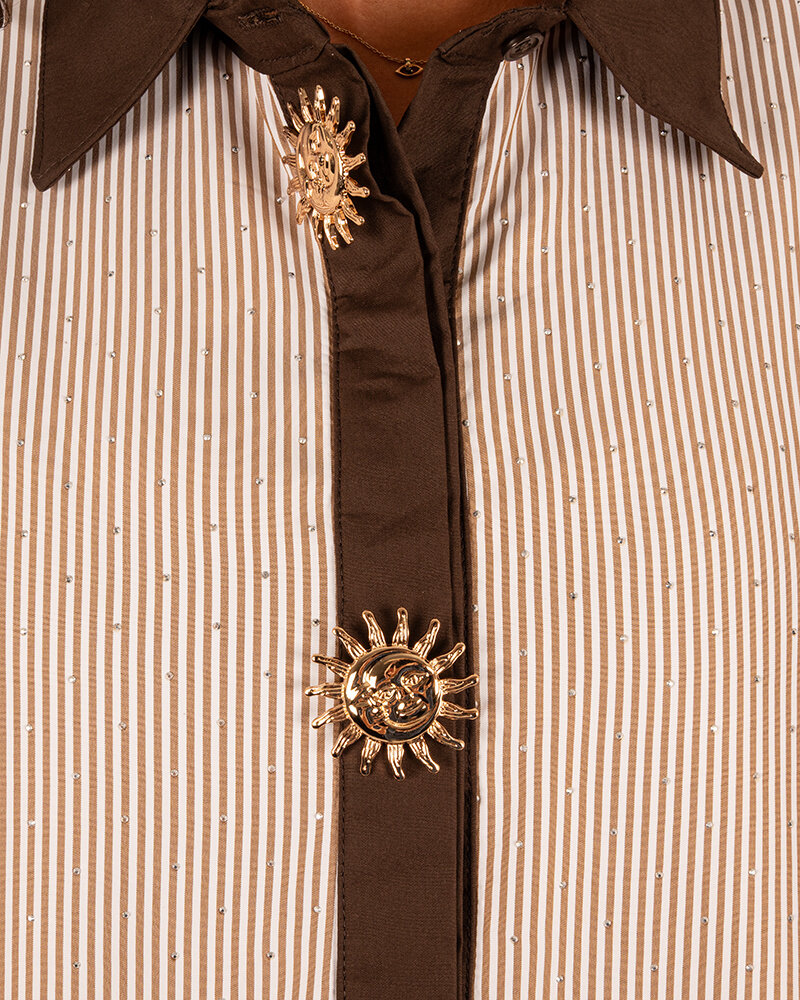 Bruin/wit gestreepte blouse strass van Zeta Otto