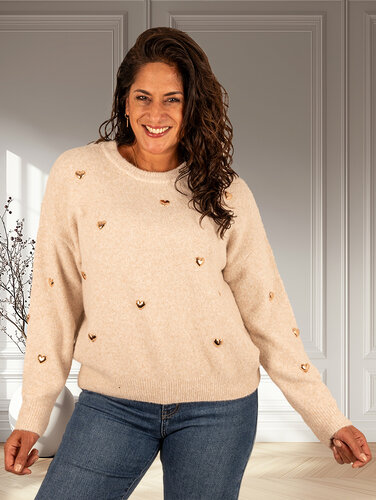 Taupe/beige trui hartjes van Flamant Rose