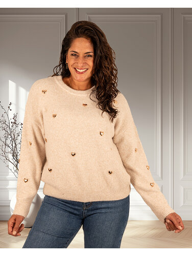 Taupe/beige trui hartjes van Flamant Rose