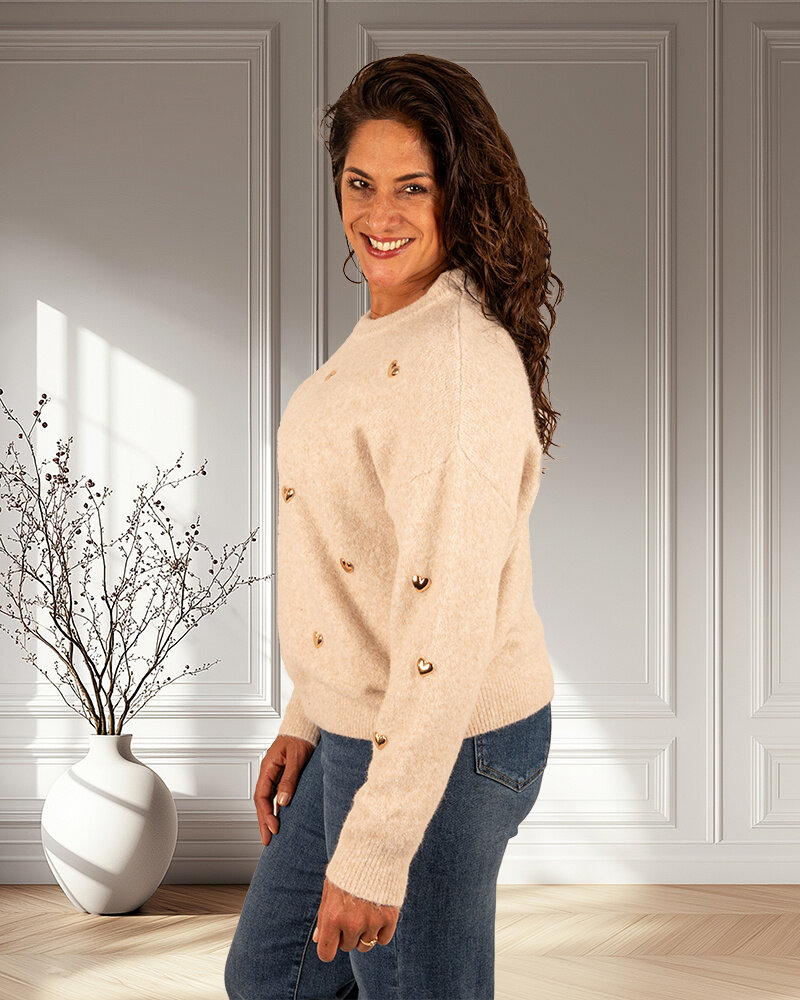 Taupe/beige trui hartjes van Flamant Rose