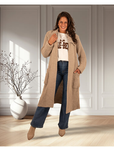 Taupe lang gebreid vest van Dins Tricot