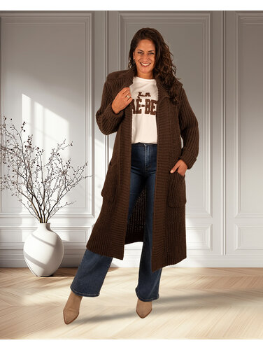 Donkerbruin lang gebreid vest van Dins Tricot