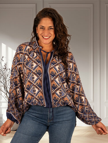 Blauw/camel print blouse