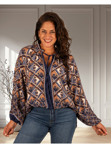 Blauw/camel print blouse