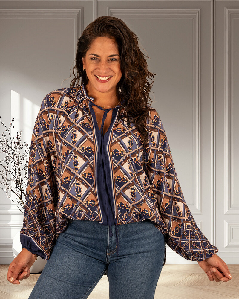 Blauw/camel print blouse van El-Vita