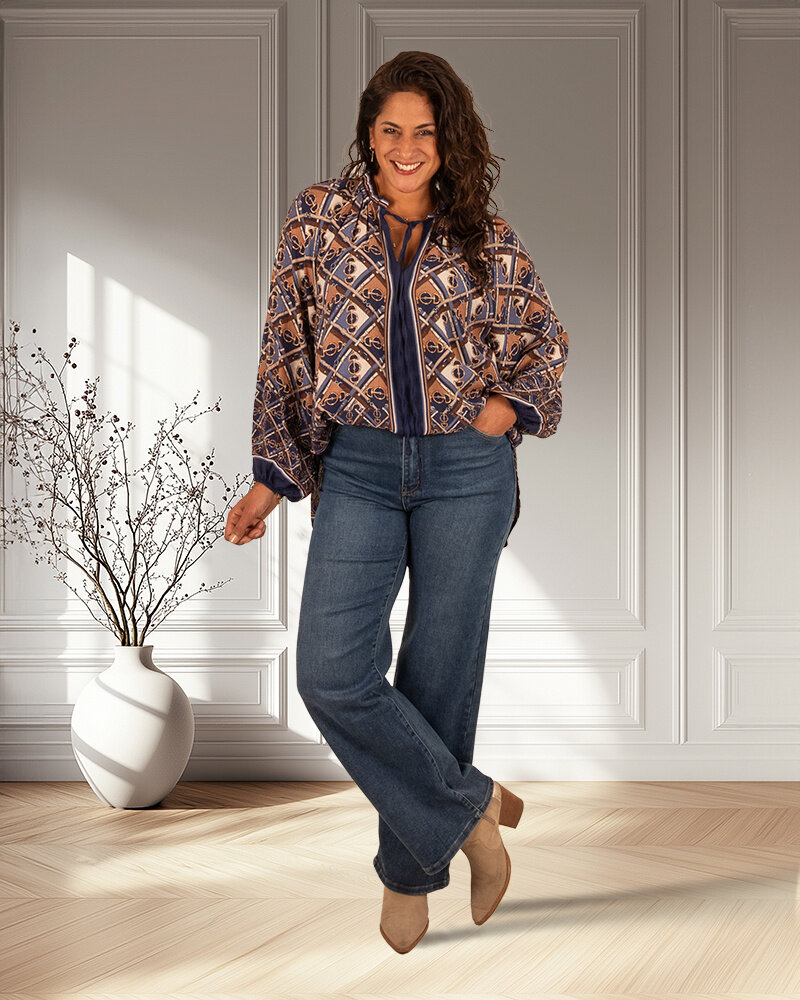 Blauw/camel print blouse van El-Vita