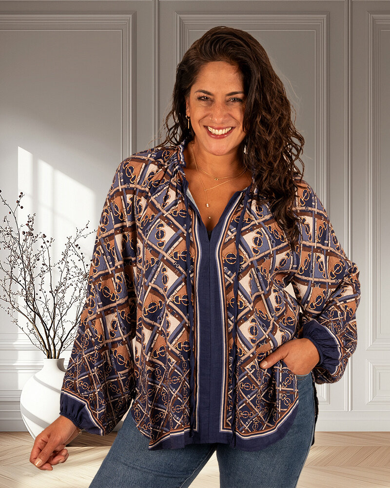 Blauw/camel print blouse van El-Vita