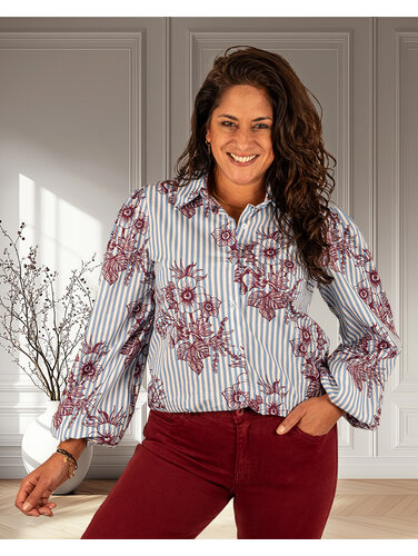 Gemma Ricceri Blauw/wit gestreepte blouse bordeaux print