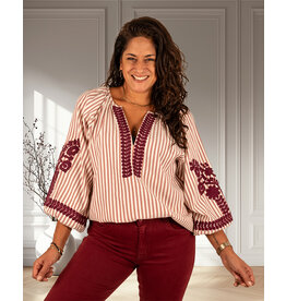 Bordeaux/ecru gestreepte blouse  met borduur