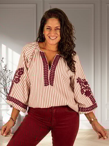 Bordeaux/ecru gestreepte blouse  met borduur