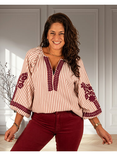 Bordeaux/ecru gestreepte blouse  met borduur