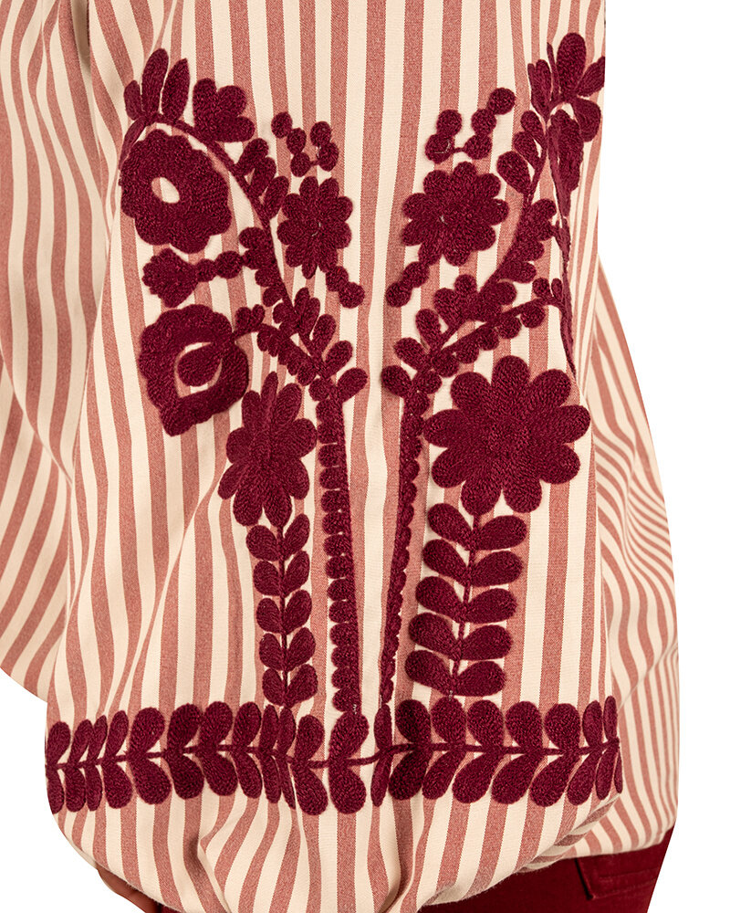 Bordeaux/ecru gestreepte blouse met borduur van Millenium