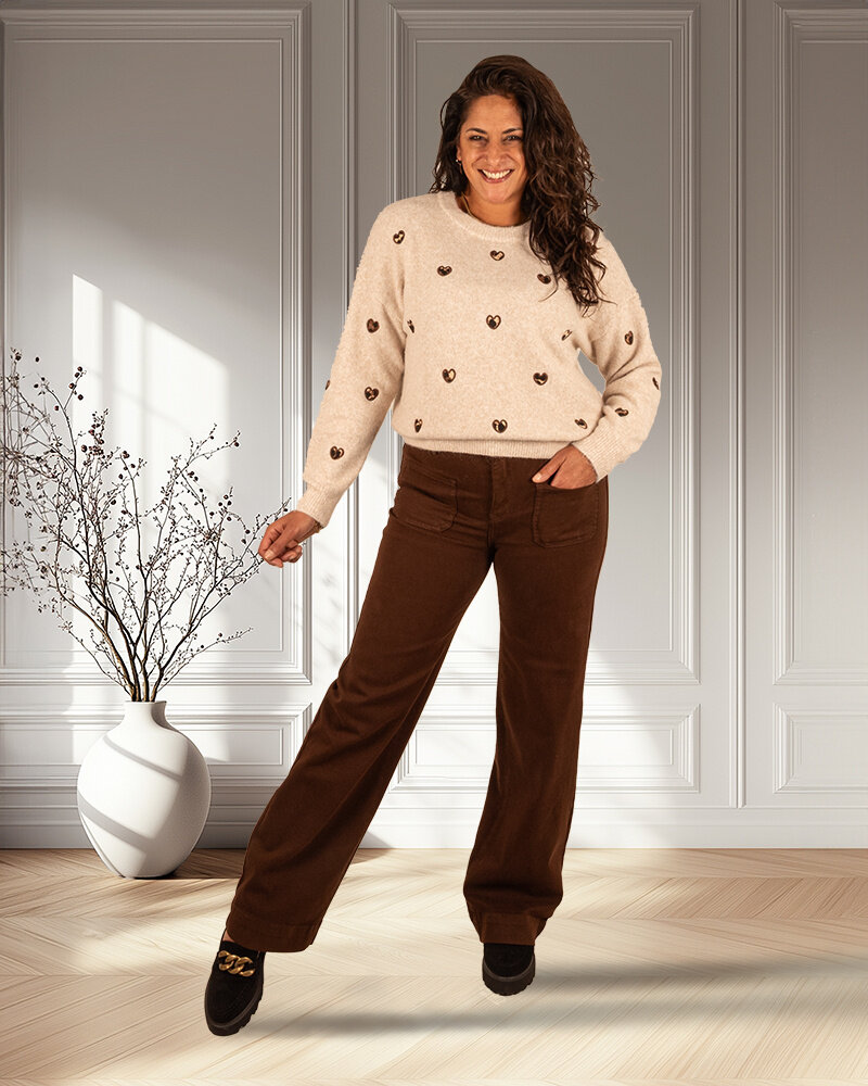 Beige trui panter hartjes van Flamant Rose