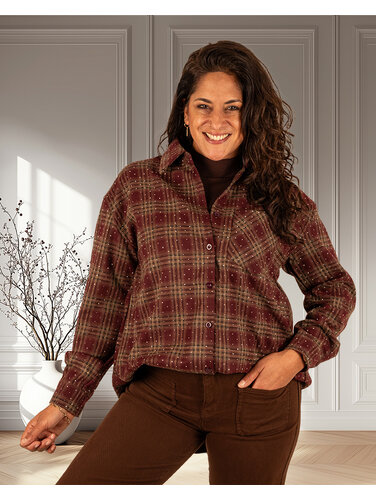 Bordeaux geruite blouse strass