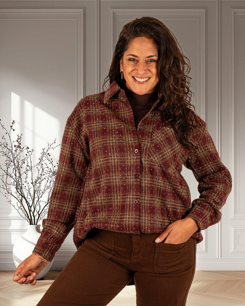 Bordeaux geruite blouse strass van Flamant Rose