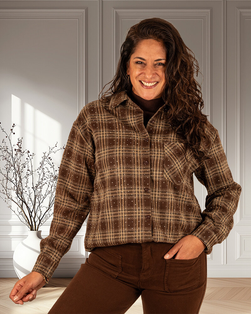 Bruin geruite blouse strass van Flamant Rose