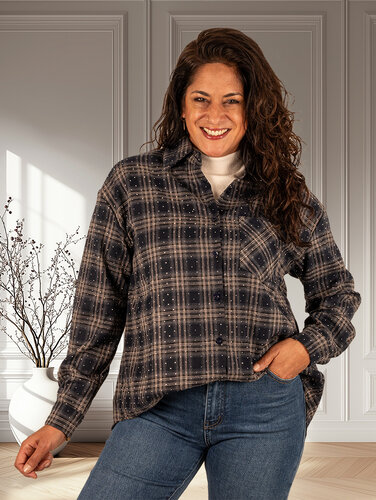 Blauw geruite blouse strass