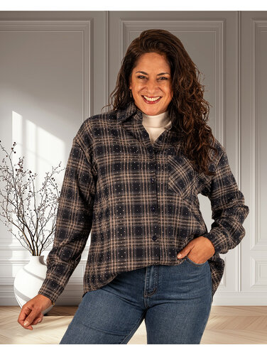 Blauw geruite blouse strass