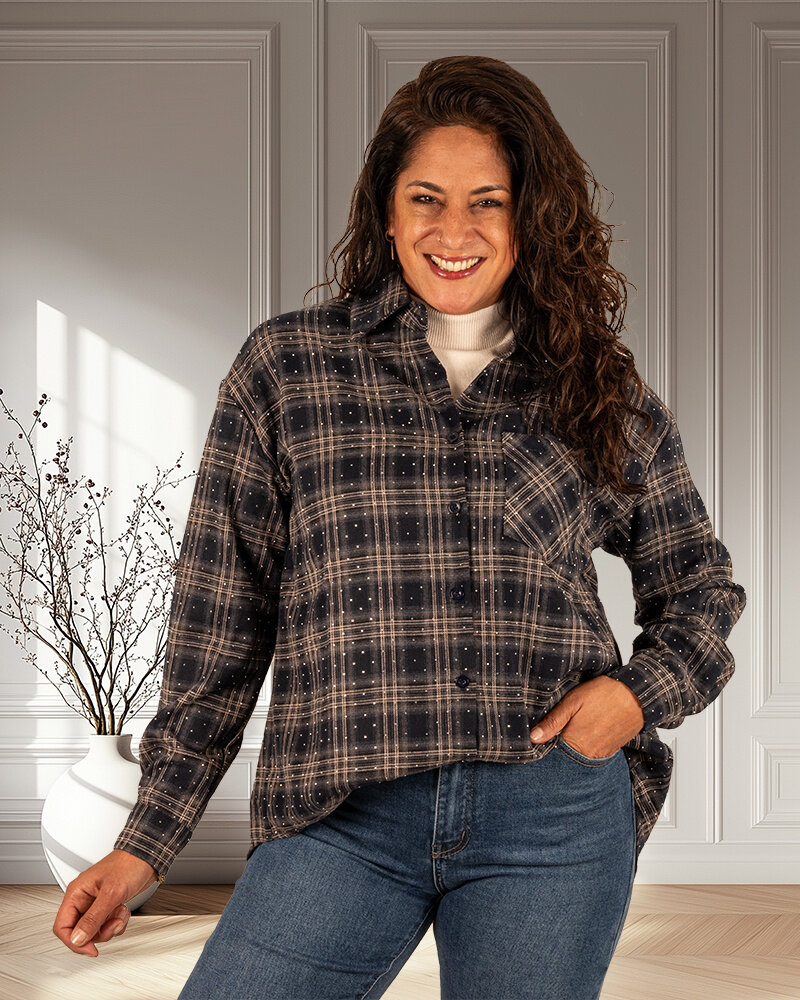 Blauw geruite blouse strass van Flamant Rose