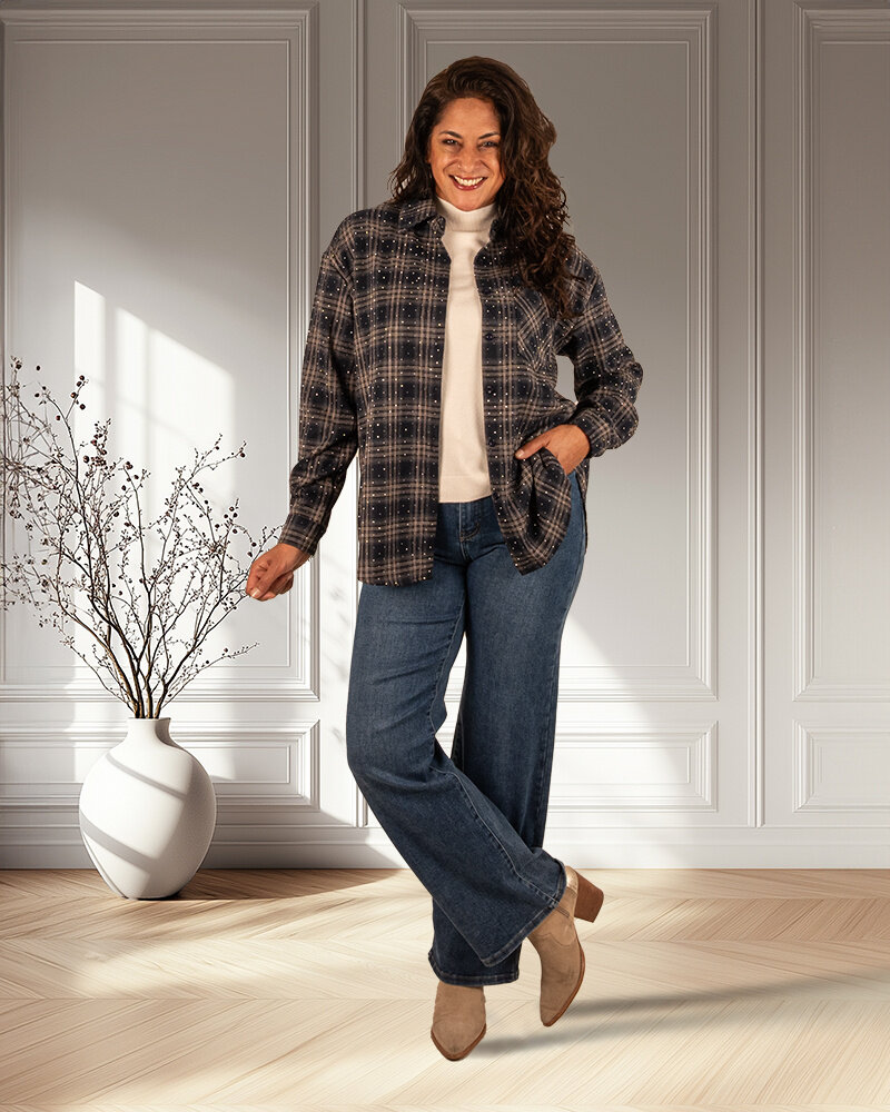 Blauw geruite blouse strass van Flamant Rose