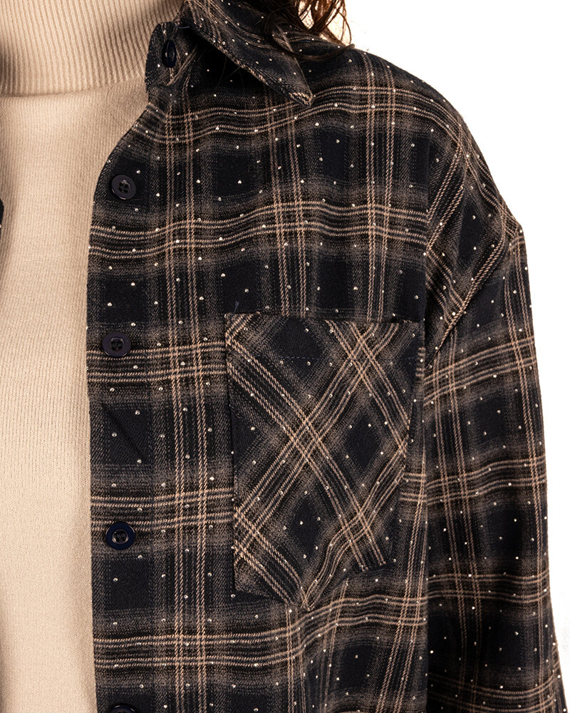 Blauw geruite blouse strass van Flamant Rose