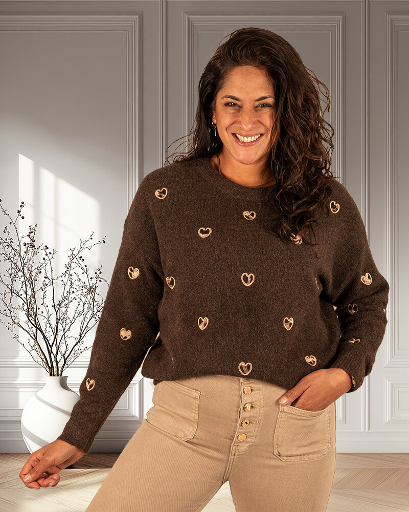 Donkerbruine trui panter hartjes van Flamant Rose