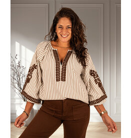 Bruin/ecru gestreepte blouse met borduur