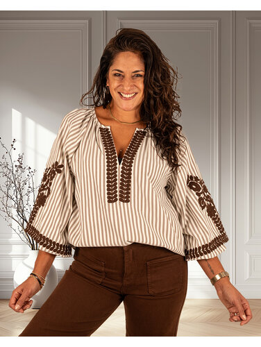 Bruin/ecru gestreepte blouse met borduur