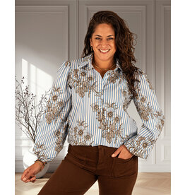 Gemma Ricceri Blauw/wit gestreepte blouse groene/bruine print