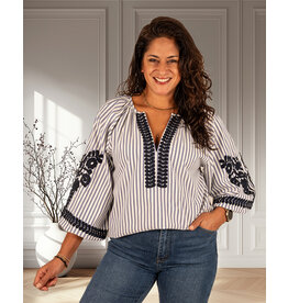 Blauw/ecru gestreepte blouse met borduur