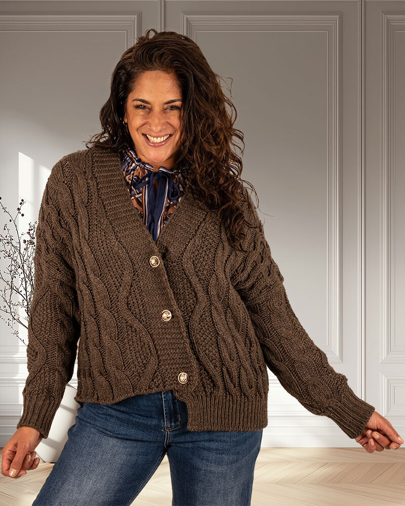 Donkerbruin gebreid vest kabel van Dins Tricot