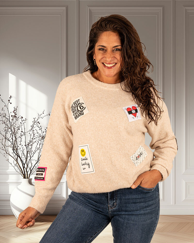 Beige trui badges van Flamant Rose