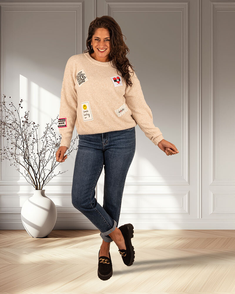Beige trui badges van Flamant Rose