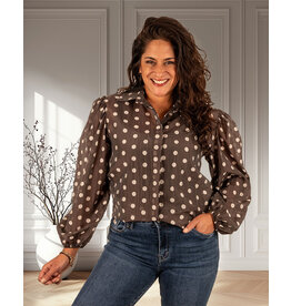 Vera Jo Donkerbruine blouse dots met pofmouw