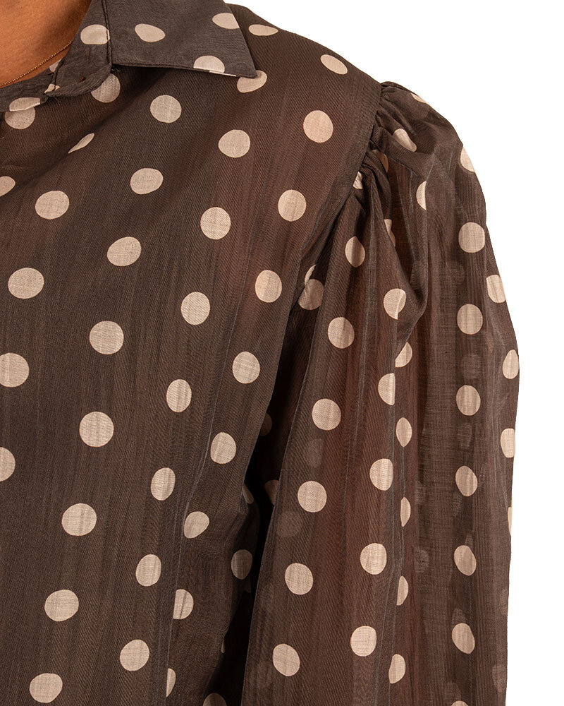 Donkerbruine blouse dots met pofmouw van Vera Jo