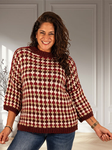 Bordeaux/ecru/goud gebreide trui